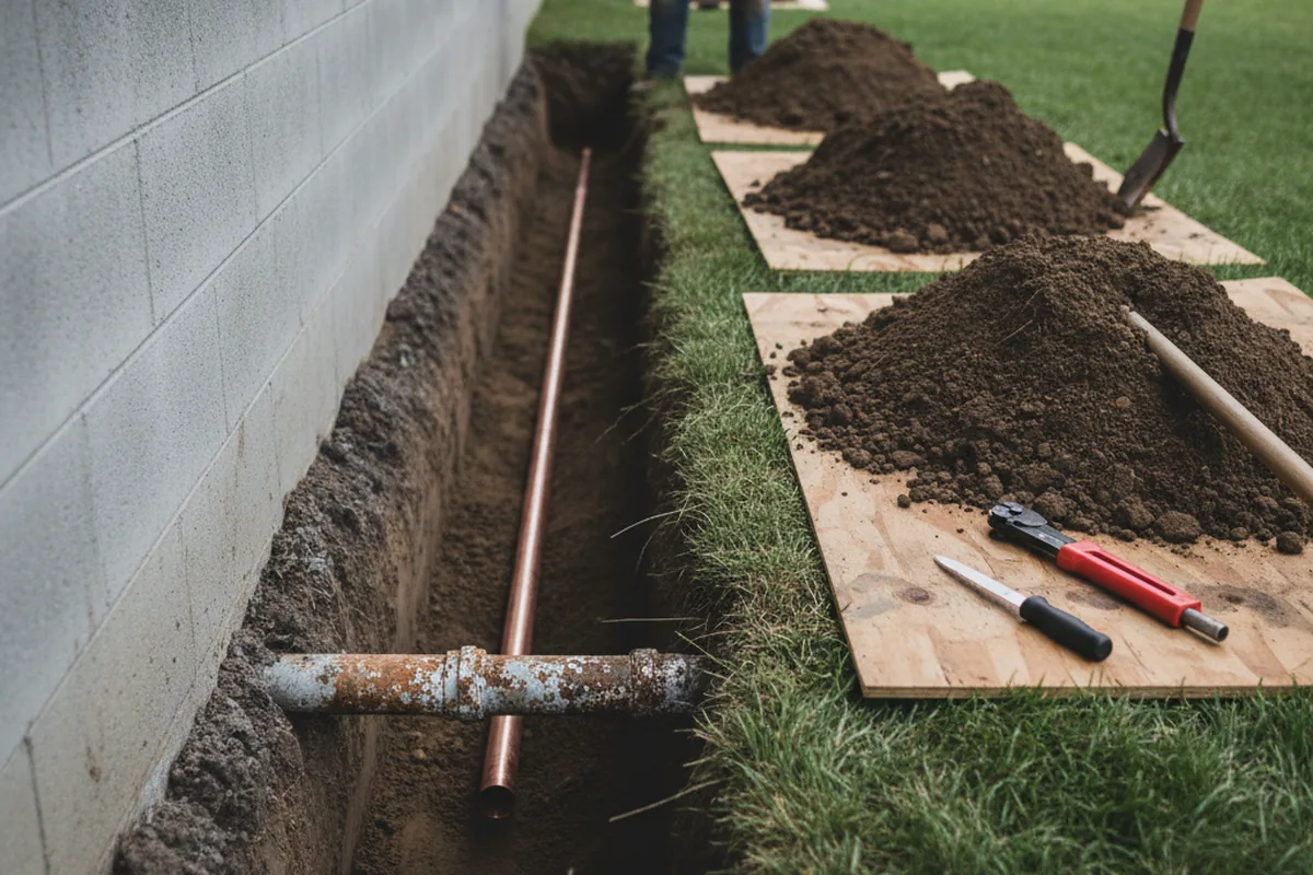 Excavated water line trench during Water Softener Installation in Lockwood